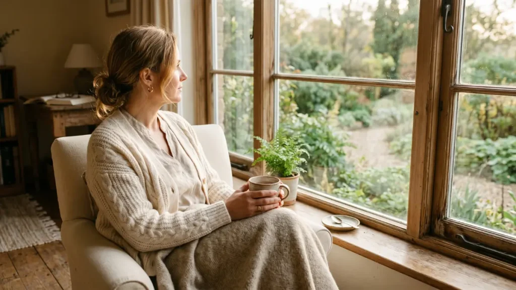Eine Frau Ende 40 sitzt entspannt mit einer großen Tasse und einer Kuscheldecke am Fenster und blickt ruhig hinaus in einen Garten. Symbolbild für das Innehalten und die ersten Anzeichen der Perimenopause.