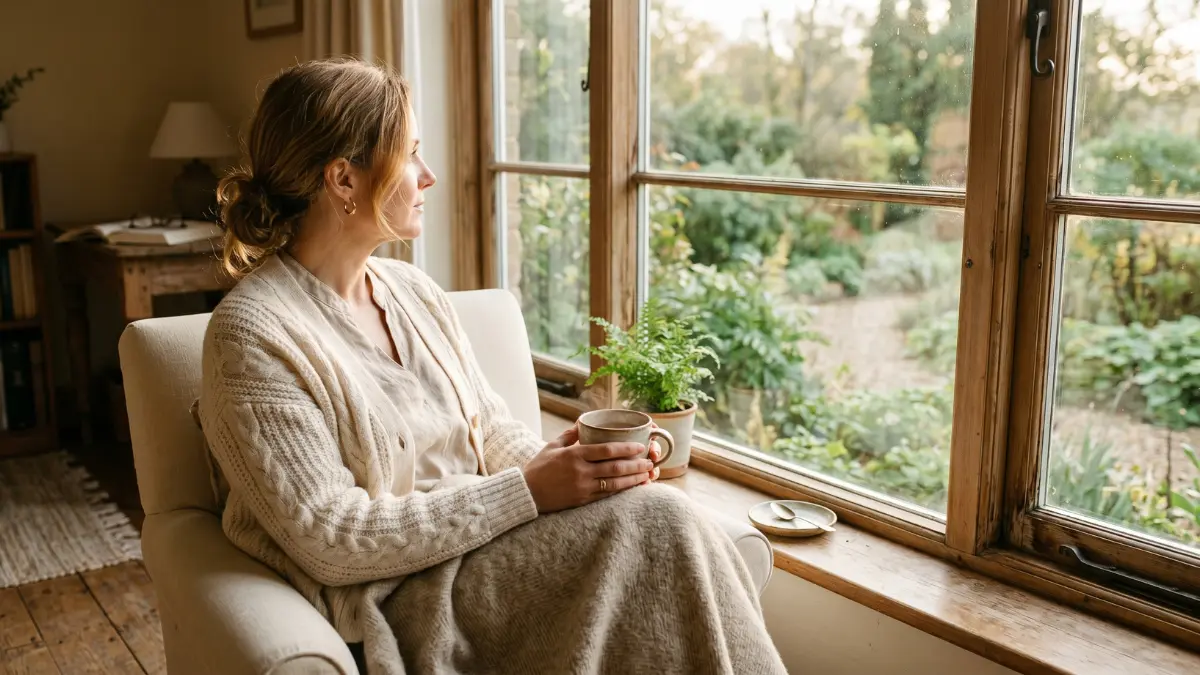 Eine Frau Ende 40 sitzt entspannt mit einer großen Tasse und einer Kuscheldecke am Fenster und blickt ruhig hinaus in einen Garten. Symbolbild für das Innehalten und die ersten Anzeichen der Perimenopause.