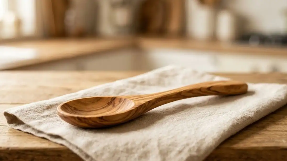 Ein leerer, handgeschnitzter Holzlöffel aus Olivenholz liegt auf einer hellen Leinen-Serviette auf einem rustikalen Holztisch, ideal für die sichere Dosierung von Schwarzkümmelöl.
