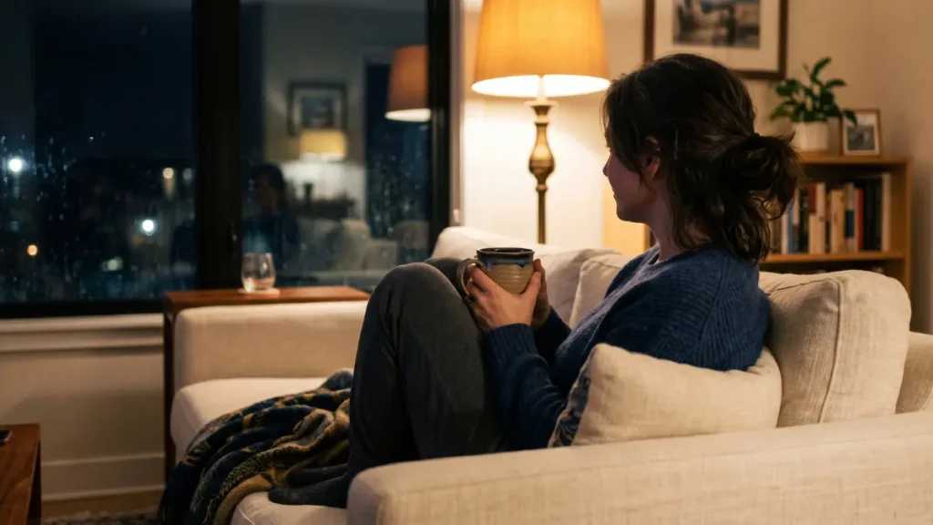 Eine Frau sitzt abends bei warmem Lampenlicht auf einem Sofa. Sie hat die Beine angezogen, hält eine Tasse in den Händen und blickt nachdenklich aus dem Fenster in die dunkle Stadt. Symbolbild für abendliche Unruhe und ein gereiztes Nervensystem.