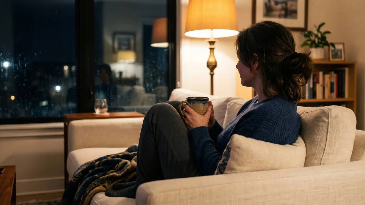 Eine Frau sitzt abends bei warmem Lampenlicht auf einem Sofa. Sie hat die Beine angezogen, hält eine Tasse in den Händen und blickt nachdenklich aus dem Fenster in die dunkle Stadt. Symbolbild für abendliche Unruhe und ein gereiztes Nervensystem.