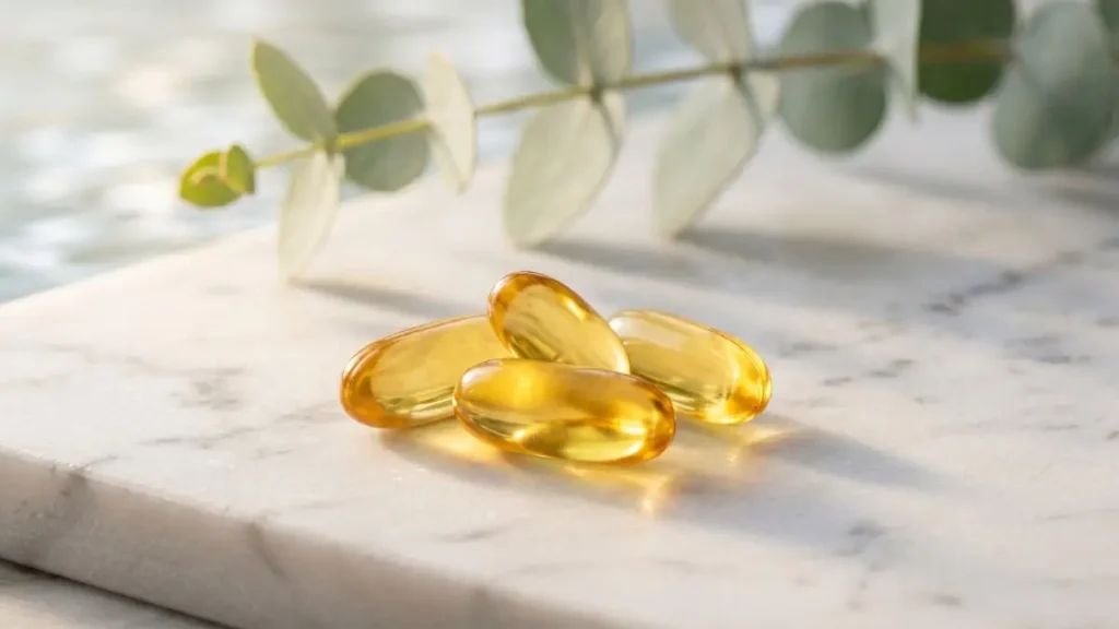 Hochwertige goldene Omega 3 Algenöl Kapseln auf hellem Untergrund als Empfehlung für die tägliche Einnahme.