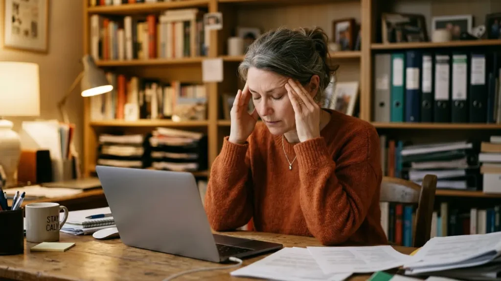 Eine Frau in den 50ern sitzt an einem Schreibtisch vor ihrem Laptop. Sie hat die Augen geschlossen und massiert sich erschöpft mit beiden Händen die Schläfen. Symbolbild für Rauschen im Kopf, Stress und Überlastung.