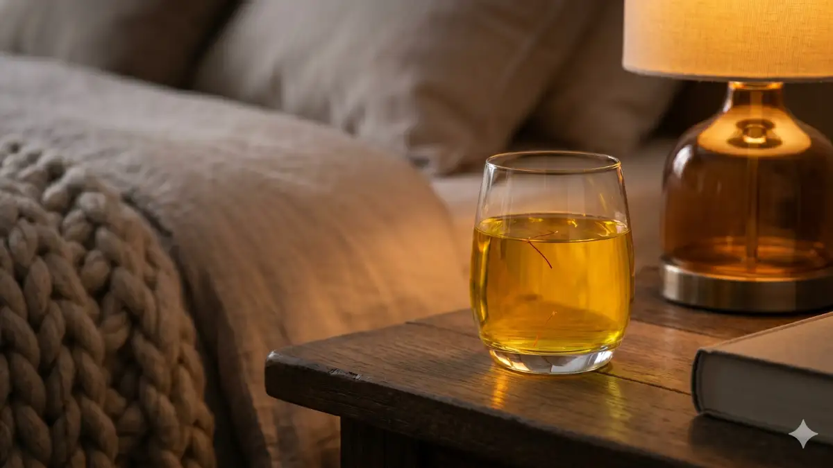 Ein Glas mit goldenem Safranwasser auf einem gemütlichen Nachttisch. Ein traditionelles Abendritual, um die natürliche Safran Wirkung für den Schlaf zu nutzen.