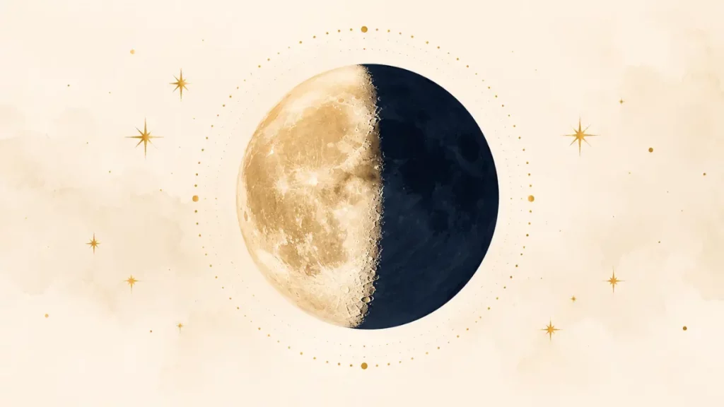 abnehmender Mond mit goldenen Sternen auf hellem Hintergrund