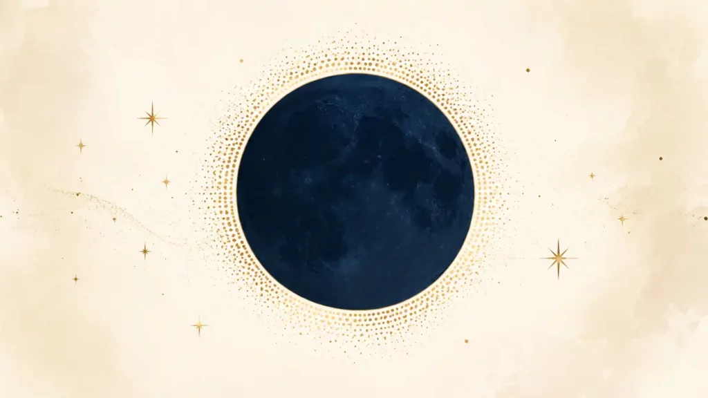 Neumond mit goldenen Sternen auf hellem Hintergrund
