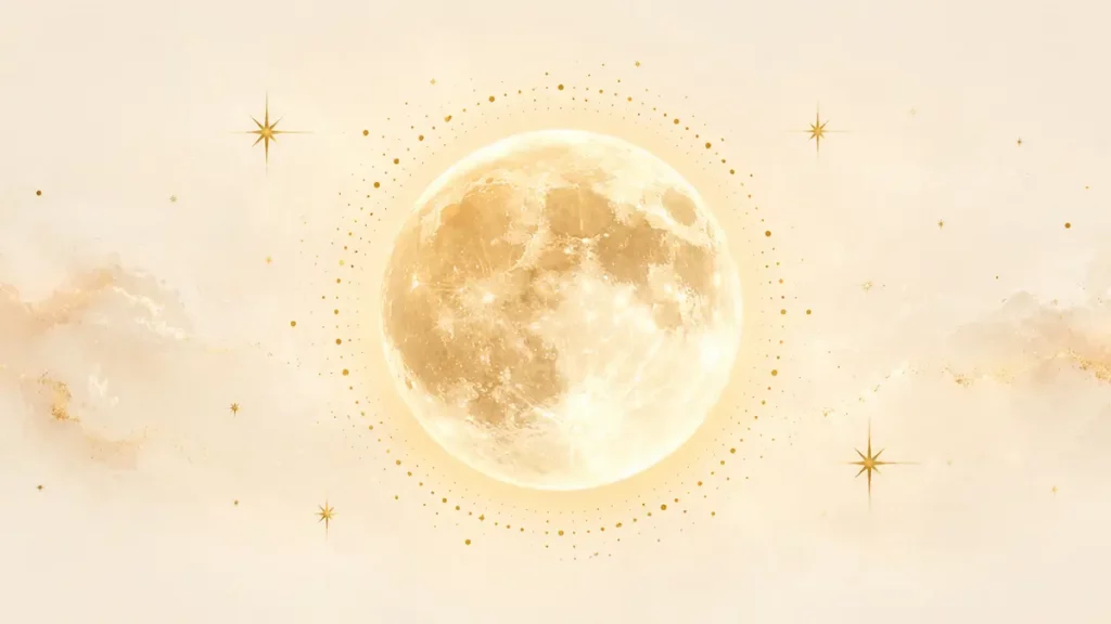 Vollmond mit goldenen Sternen auf hellem Hintergrund
