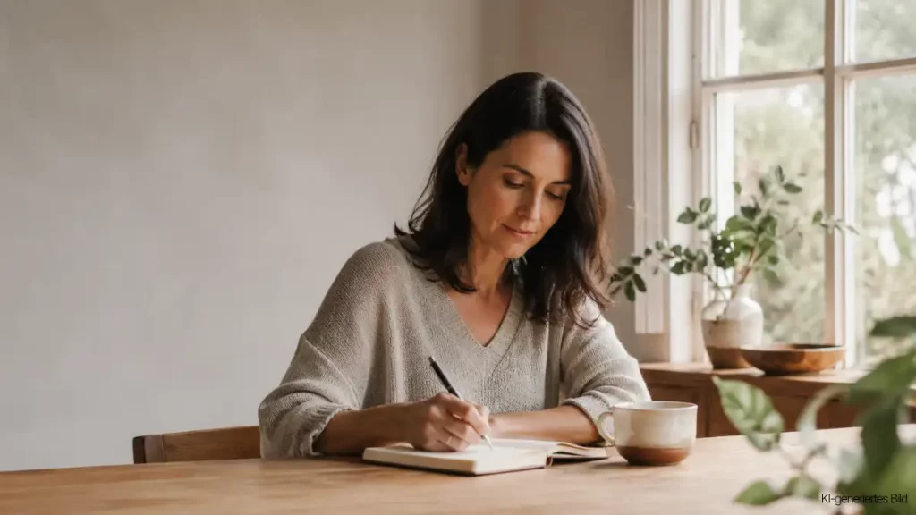 Frau schreibt ruhig in ein Notizbuch am hellen Tisch, um ihre Gedanken bei Brain Fog in den Wechseljahren zu ordnen.
