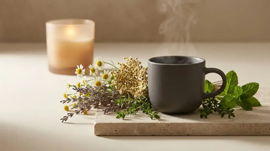 Elegantes Arrangement mit Kräutertee, Lavendelbund und Kamille auf Stein, für ein beruhigendes Abendritual.