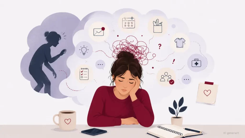 Infografik Mental Load: erschöpfte Frau am Schreibtisch, umgeben von unsichtbaren Alltagsaufgaben.