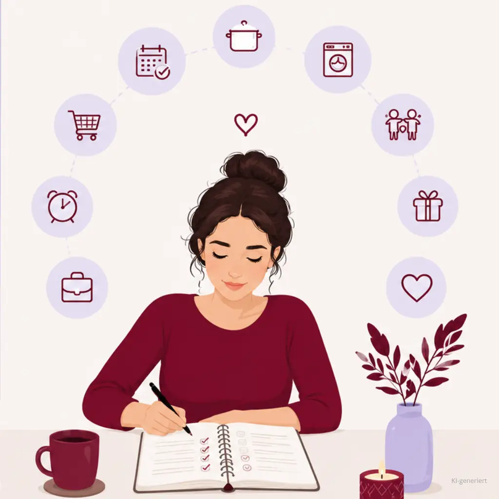 Frau schreibt in ein Notizbuch, umgeben von Symbolen für Mental Load wie Kalender, Wäsche, Einkauf und Familie.