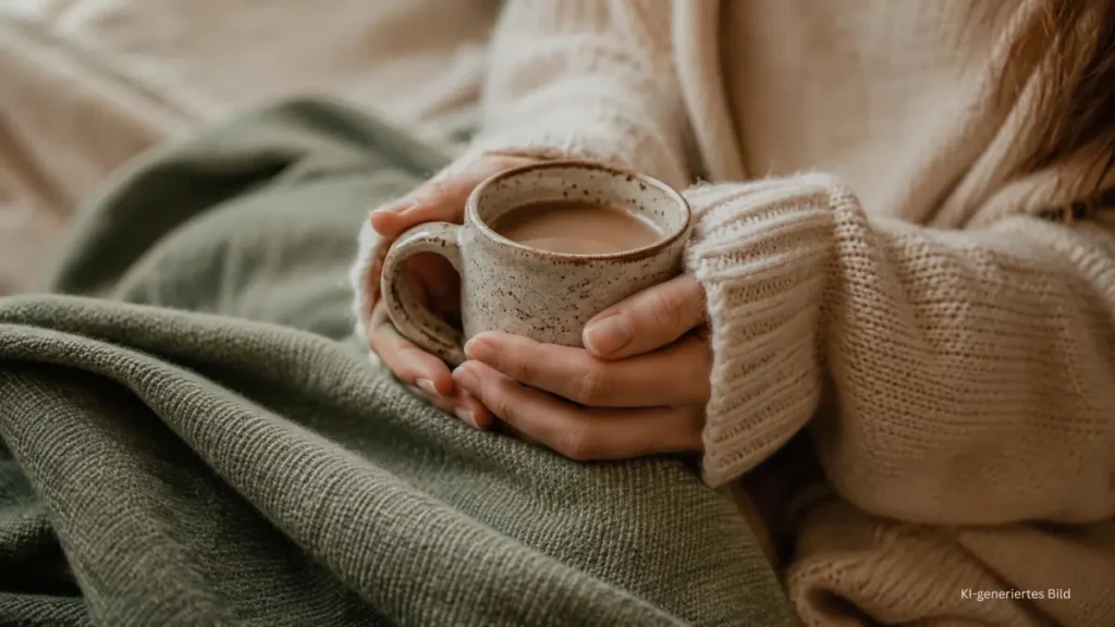 Ruhende Frauenhände um eine warme Tasse bei weichem Tageslicht, Sinnbild für Ruhe und ein beruhigtes Nervensystem in den Wechseljahren.