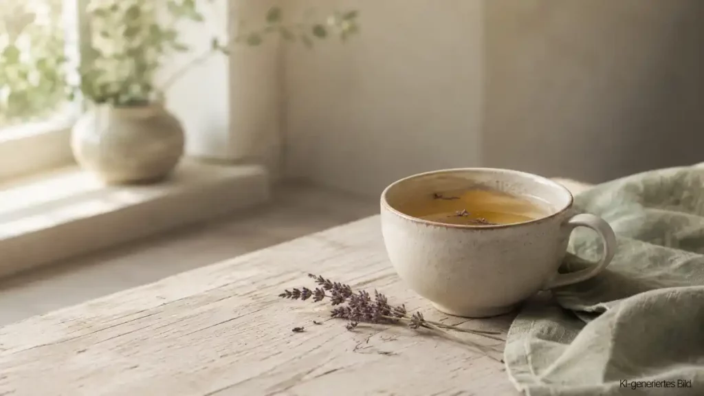 Kräutertee am hellen Fenster als Sinnbild für Ruhe bei Rauschen im Kopf in den Wechseljahren.