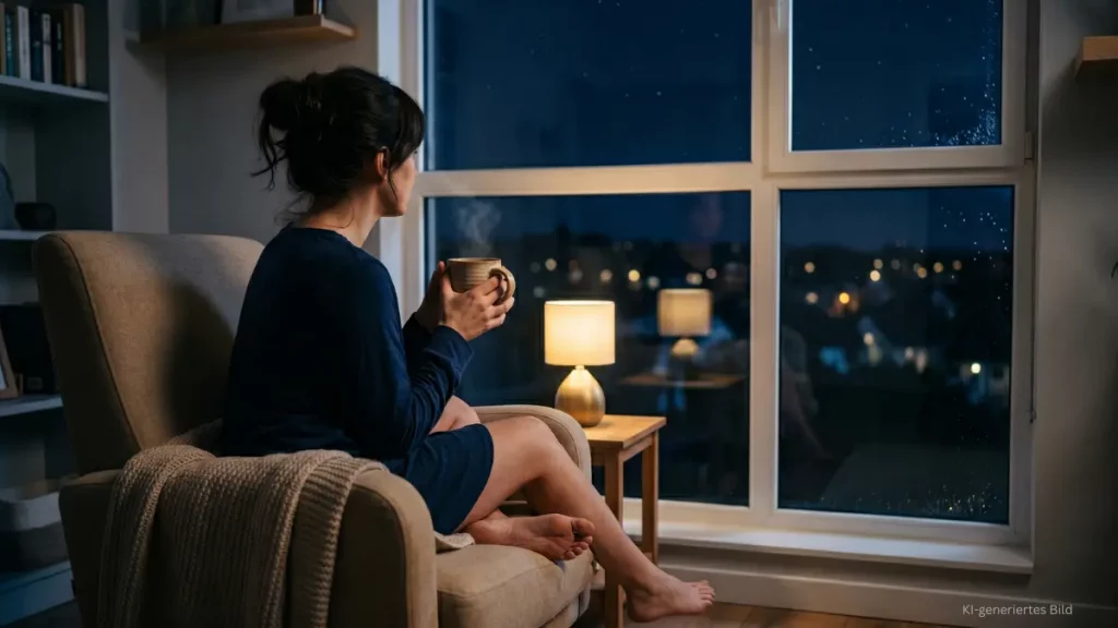 Eine Frau sitzt nachts schlaflos mit einer Tasse am Fenster. Symbolbild für Schlafstörungen in den Wechseljahren.