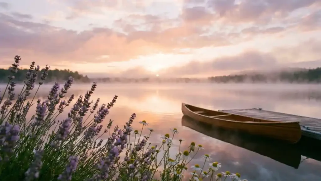 Sonnenaufgang in Pastellfarben an einem See mit Lavendel und Kamille im Vordergrund.