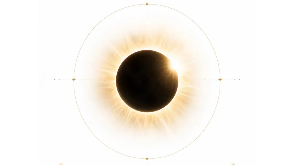 Minimalistische Illustration einer Sonnenfinsternis mit goldener Korona auf weißem Hintergrund